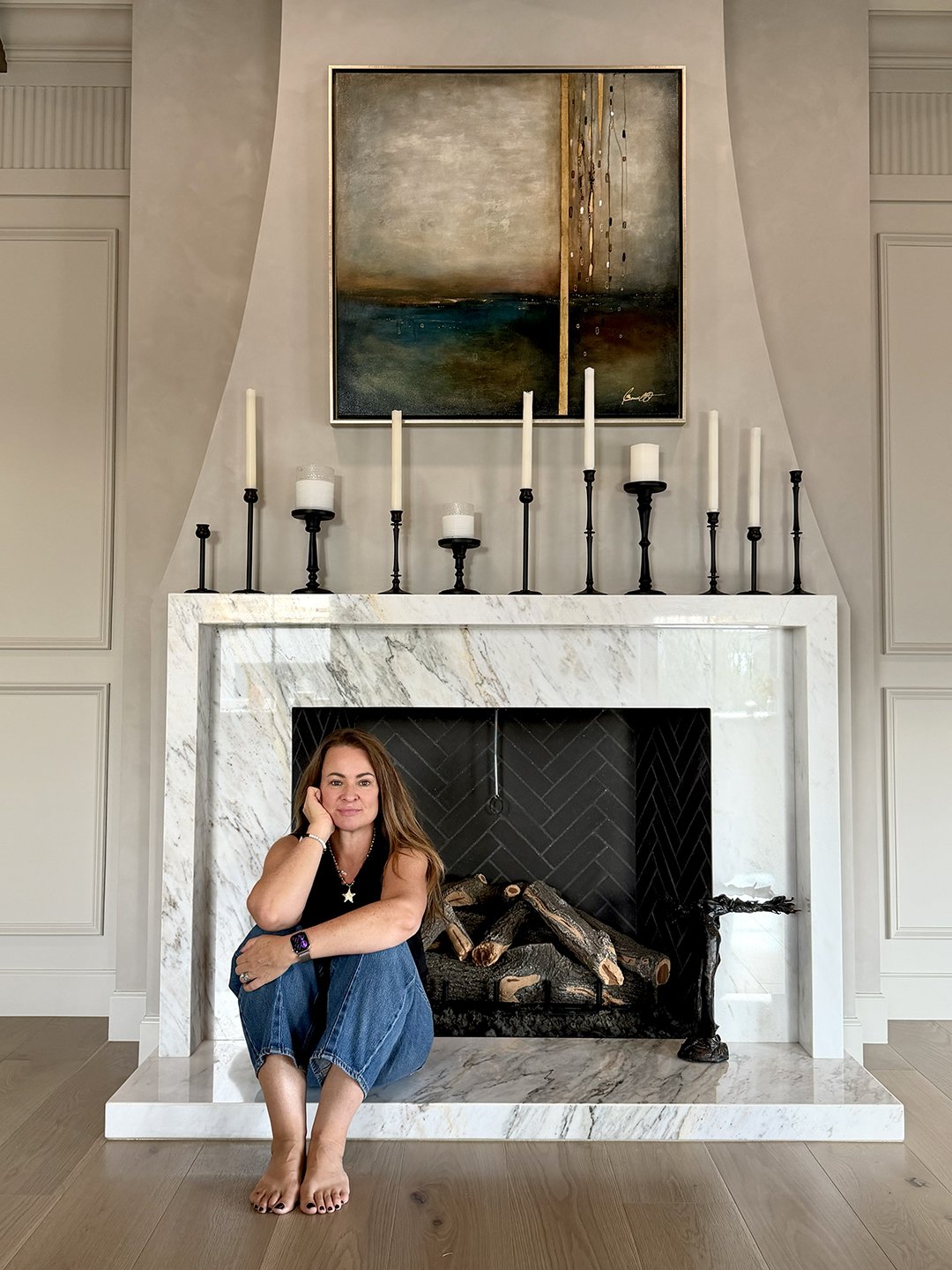 Beverley Wolter in New Build Home in NorthScottsdale works with Interior designer on this primary bedroom with art creation and placement