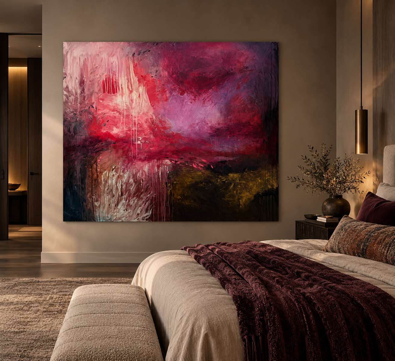 Modern bedroom with a large abstract red and purple painting above a bed, burgundy blanket, pendant light, and vase of branches.
