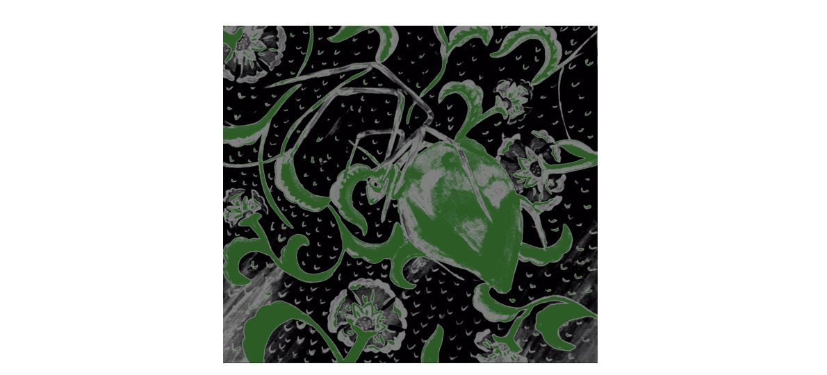 Green and gray insect on a patterned background with leaves and flowers.