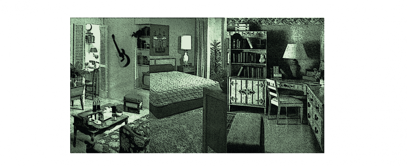 A cozy bedroom with a bed, a bookshelf, and a small desk with a chair, decorated with music-themed elements like a guitar on the wall.