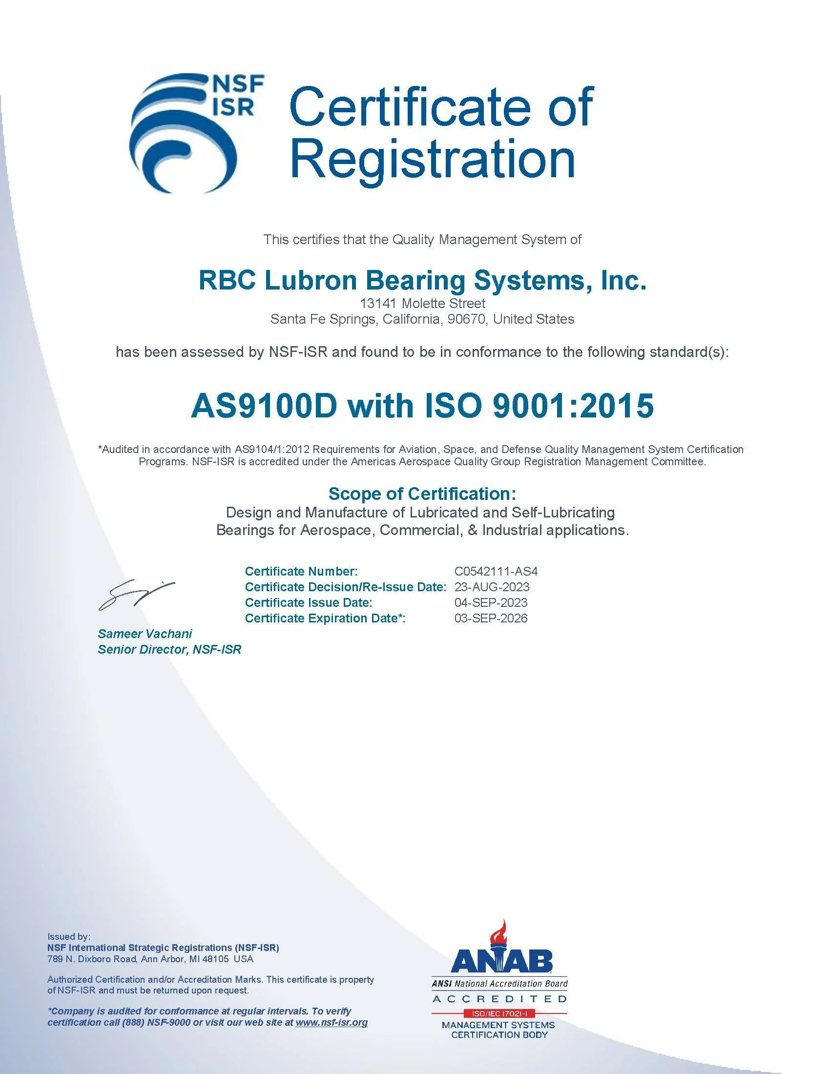 Certificate of registration for RBC Lubron Bearing Systems, Inc., indicating compliance with standards AS9100D and ISO 9001:2015, issued by NSF-ISR, with certification details and signatures.