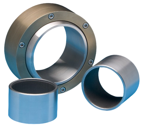 Three mechanical bearing components, including a large spherical bearing, and two cylindrical bushings.