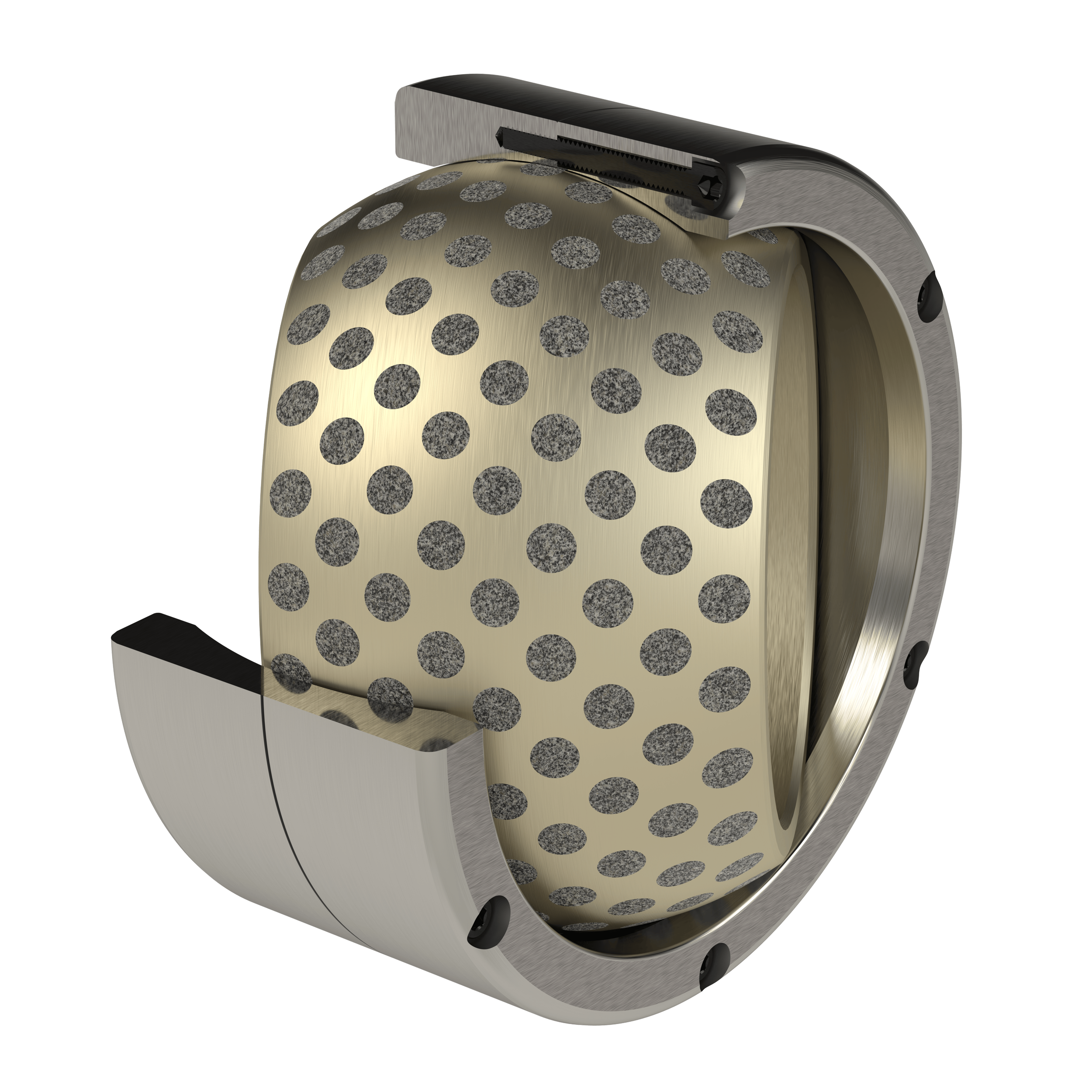 Close-up of a mechanical component with a metal cylindrical body featuring evenly spaced holes, a black flat base, and a black mechanical arm or clamp attached at the top.