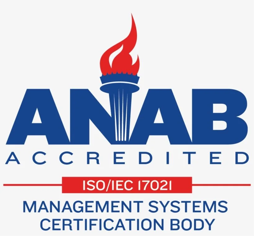 The image shows a logo for ANAB Accredited Management Systems Certification Body, featuring a stylized torch with a red flame and blue body, and text indicating ISO/IEC 17021 certification.
