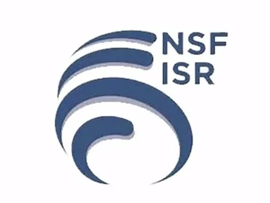 Logo of NSF and ISR organizations with abstract curved lines in shades of blue