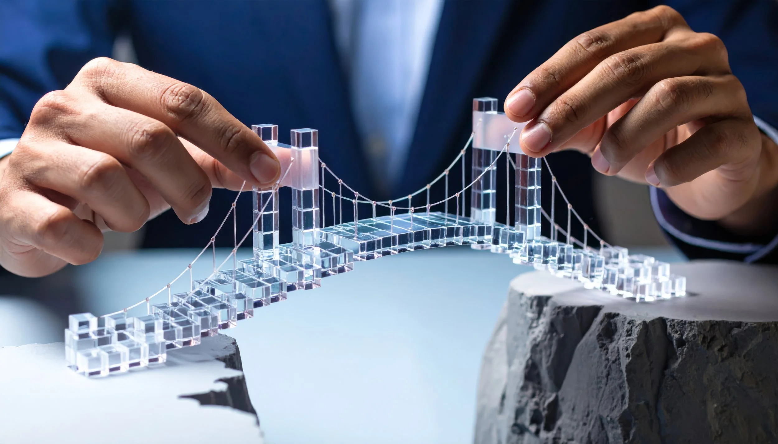 Hands assembling a miniature glass bridge model on a clay surface.