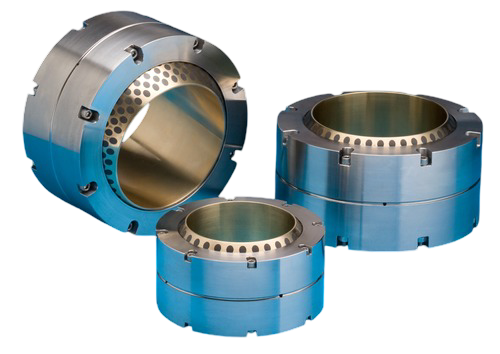 Three metallic mechanical components with circular shapes and blue protective covers.