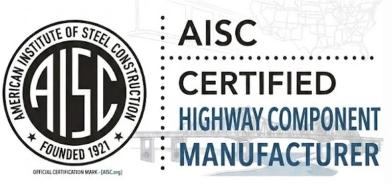 AISC certification badge for highway component manufacturer, with the AISC logo and text indicating certification and manufacturer status.