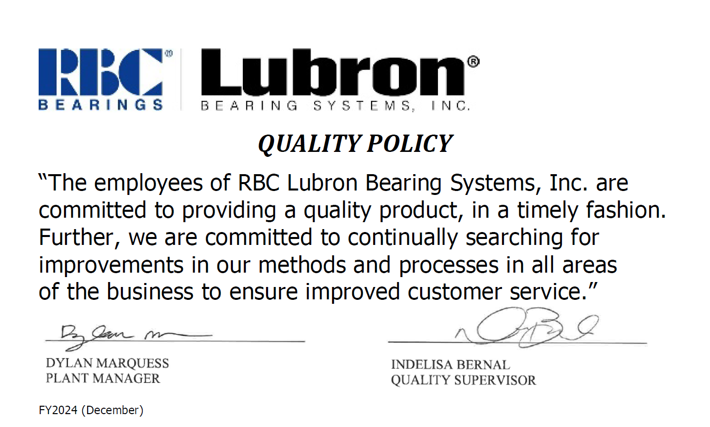 Company quality policy document from RBC Lubron Bearing Systems, Inc., with signatures from Dylan Marquess and Indelisa Bernal, December FY2024.