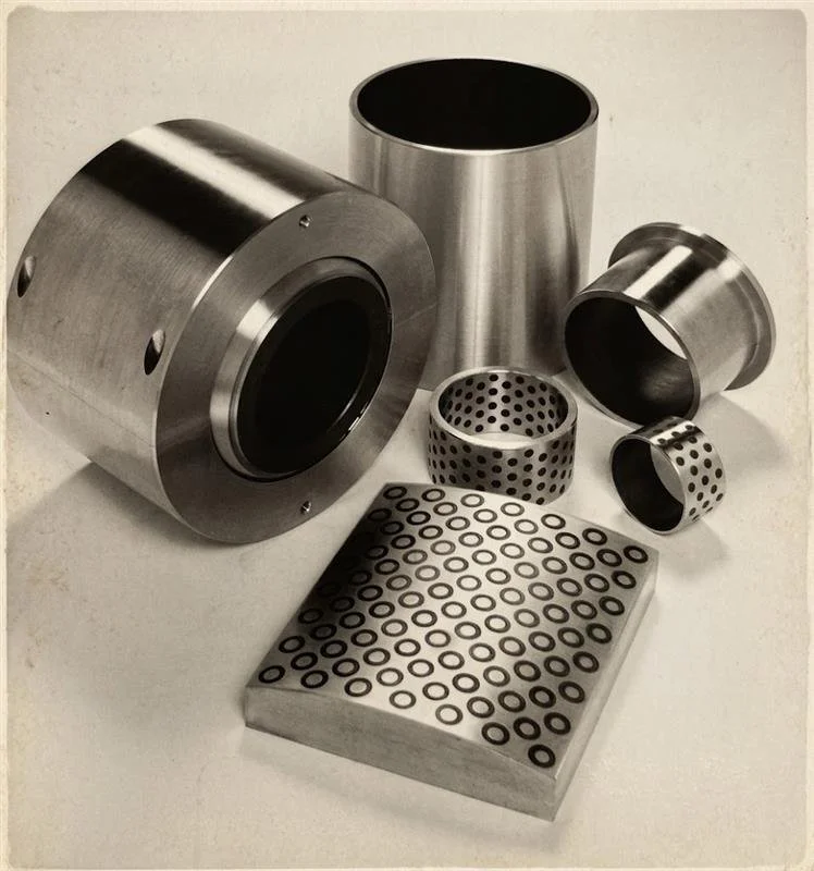 Collection of cylindrical metal parts and a perforated metal plate on a white surface.