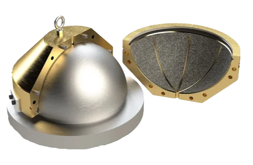 Two spacecraft heat shield components, one showing the outer gold-colored surface and the other revealing the inner heat-resistant material.