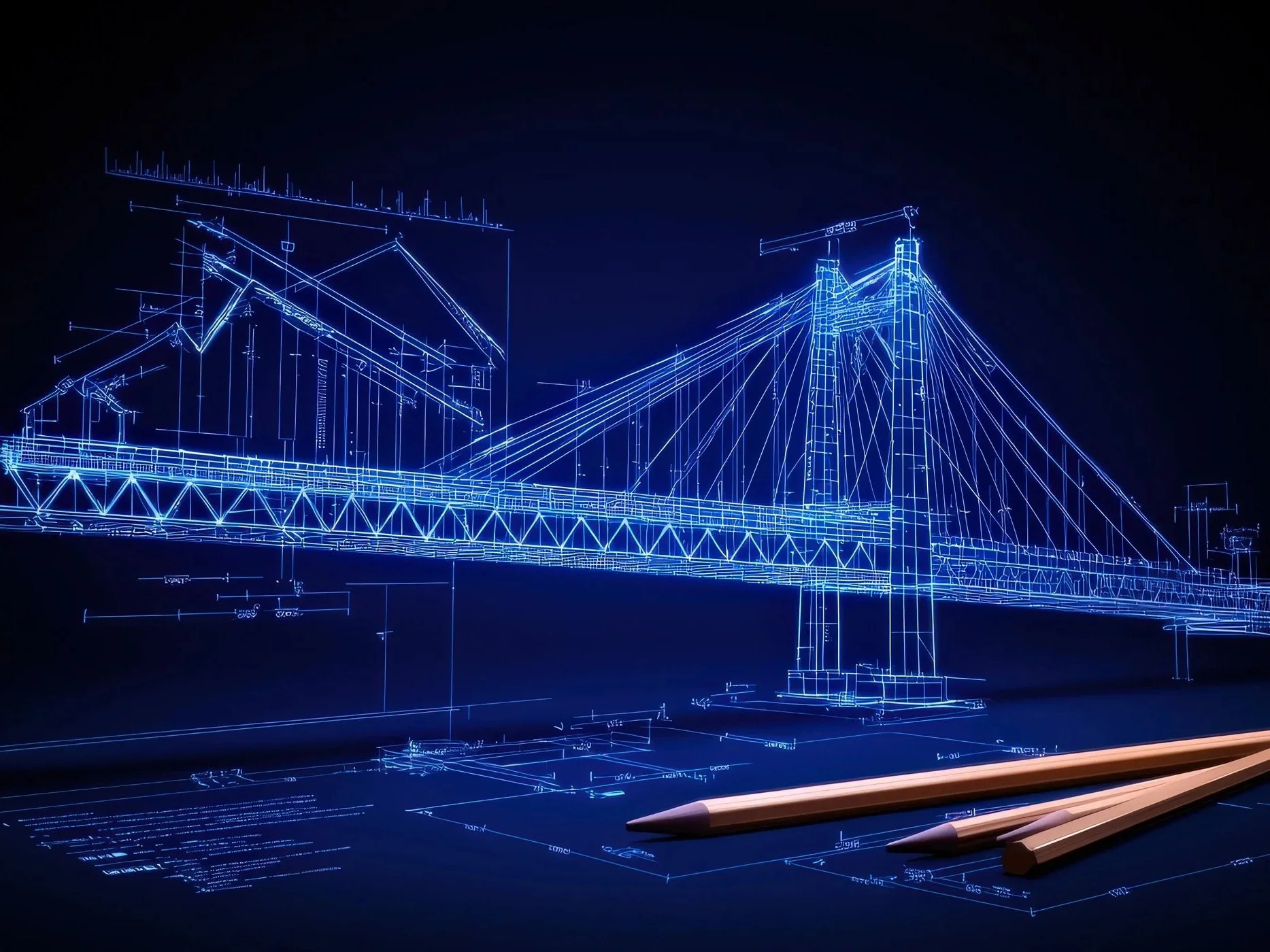 Blueprint of a bridge design on a dark background with three pens in the foreground.