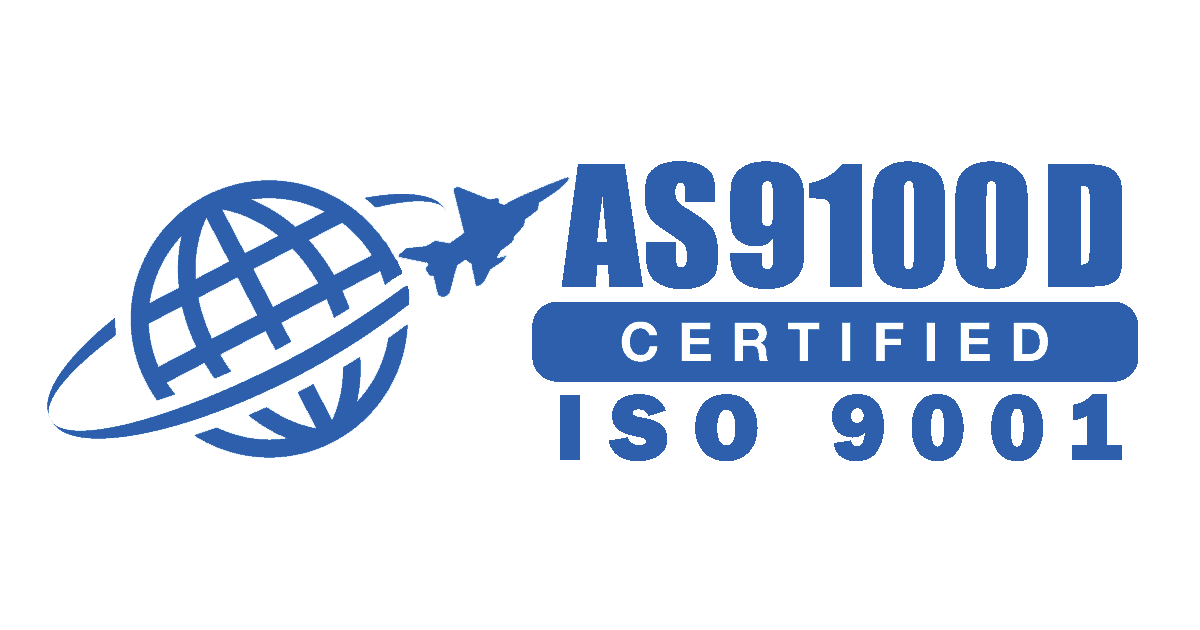 Logo featuring a globe with a plane flying around it and the text 'AS9100D CERTIFIED ISO 9001' in blue.