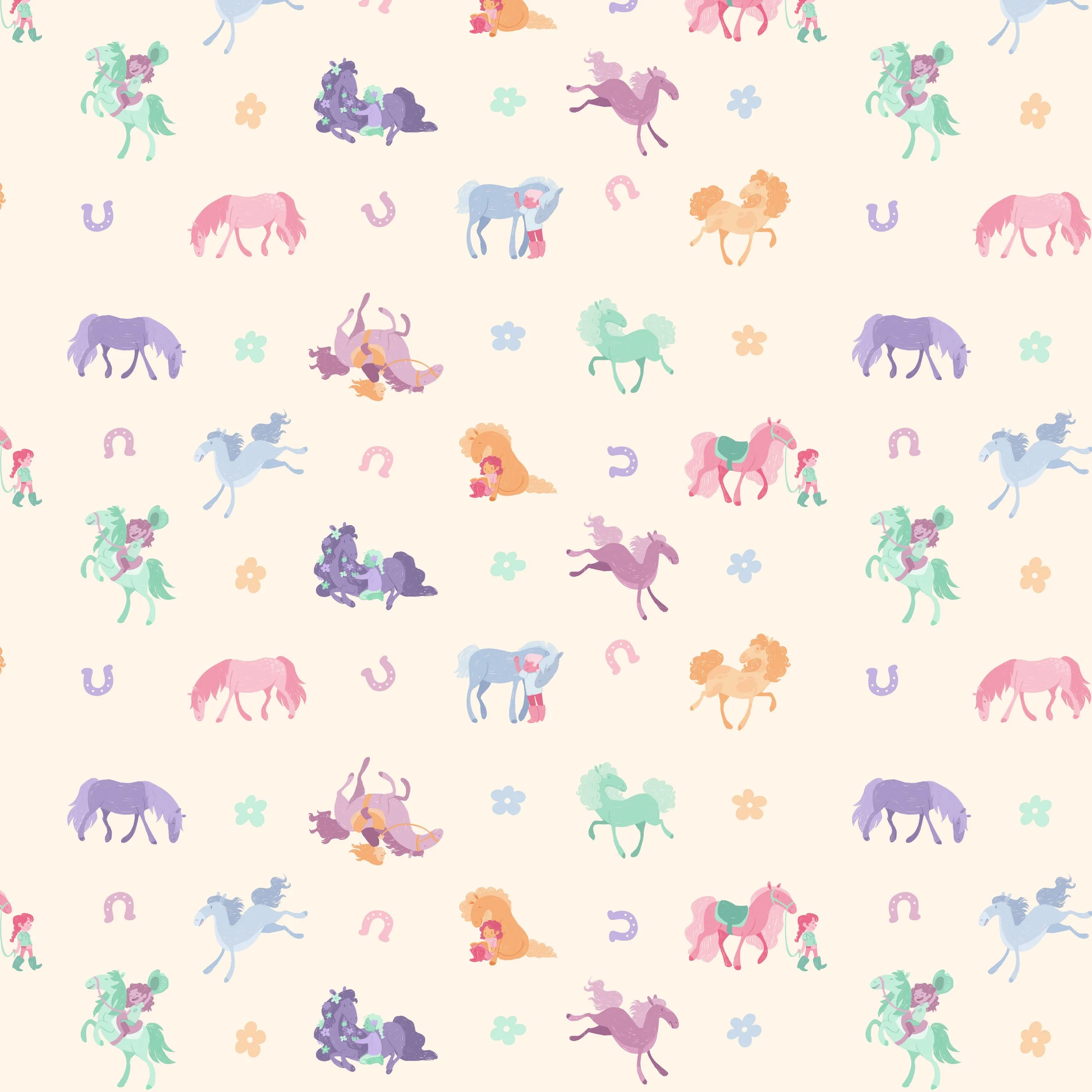 A repeating pattern of colorful cartoon unicorns, horses, children, flowers, and horseshoes on a light background.