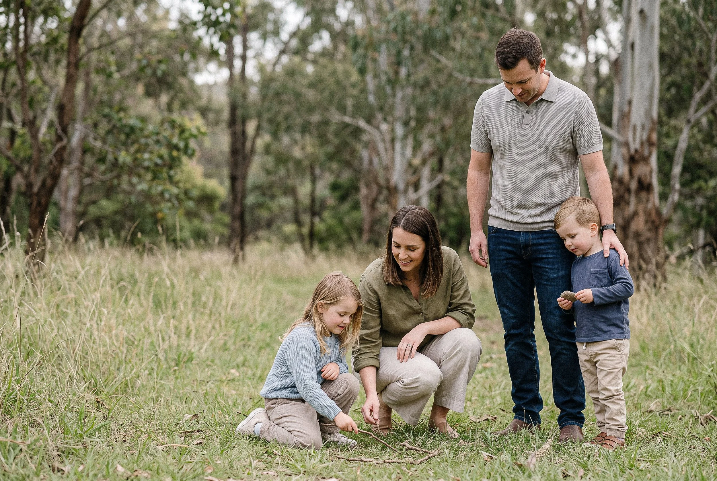 Family sitting together in a grassy field
