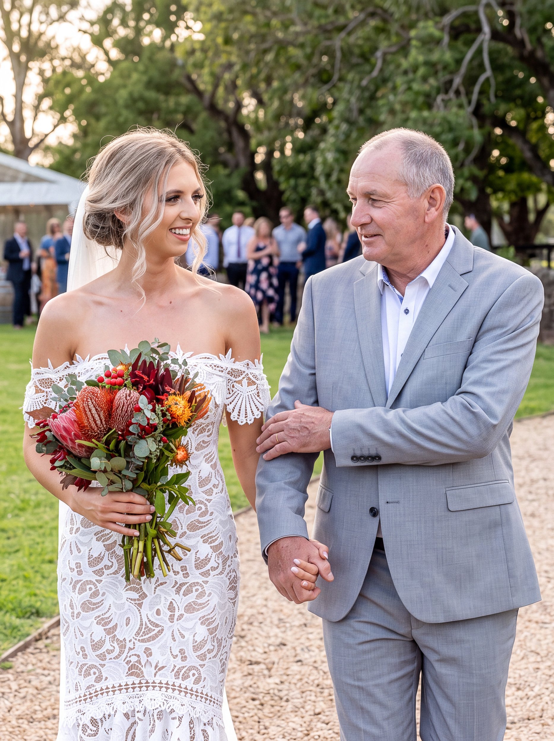  Bride walking with a family member while carrying a native flower bouquet. 
