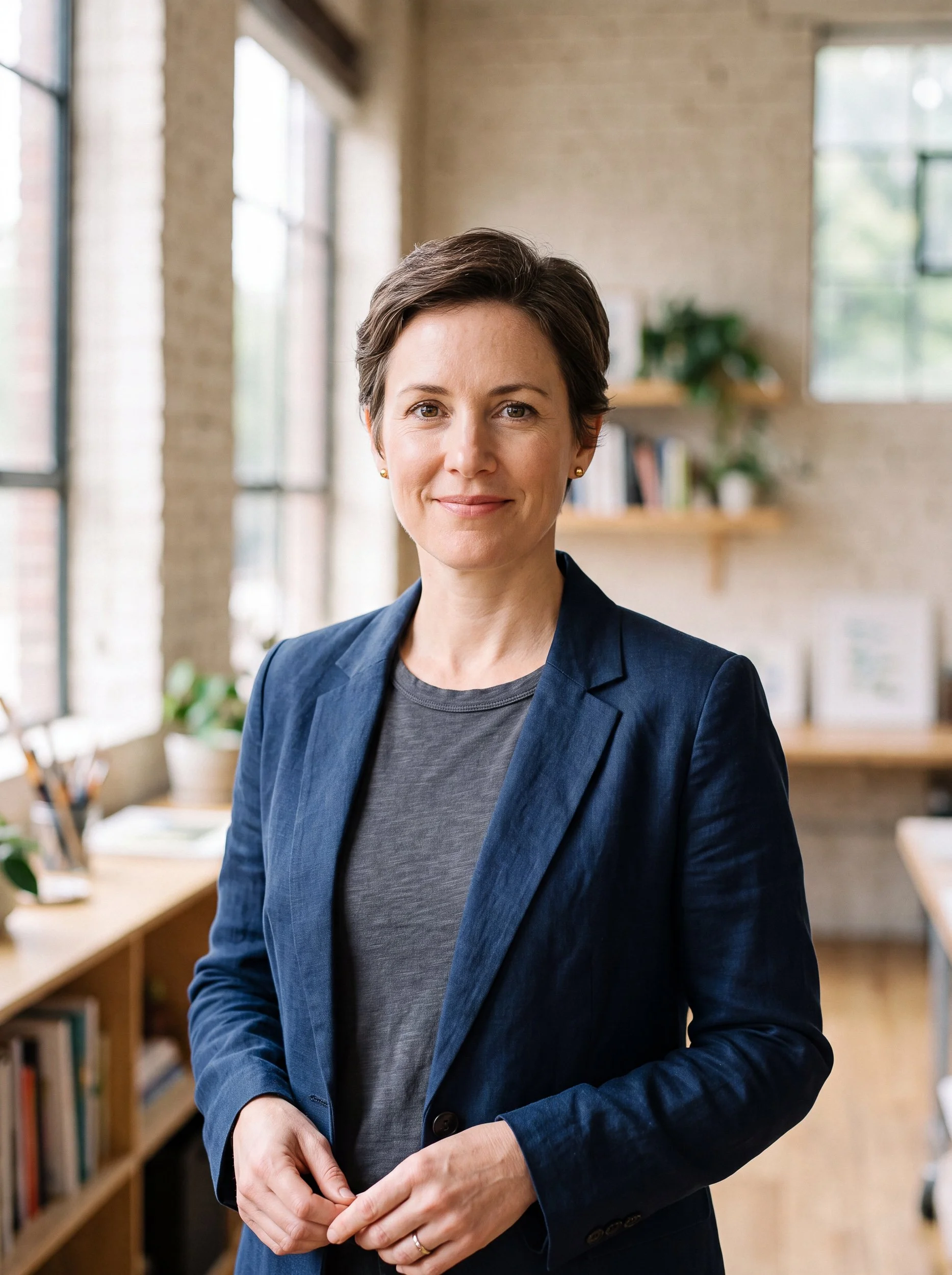  Woman wearing a blue blazer photographed against a neutral background 