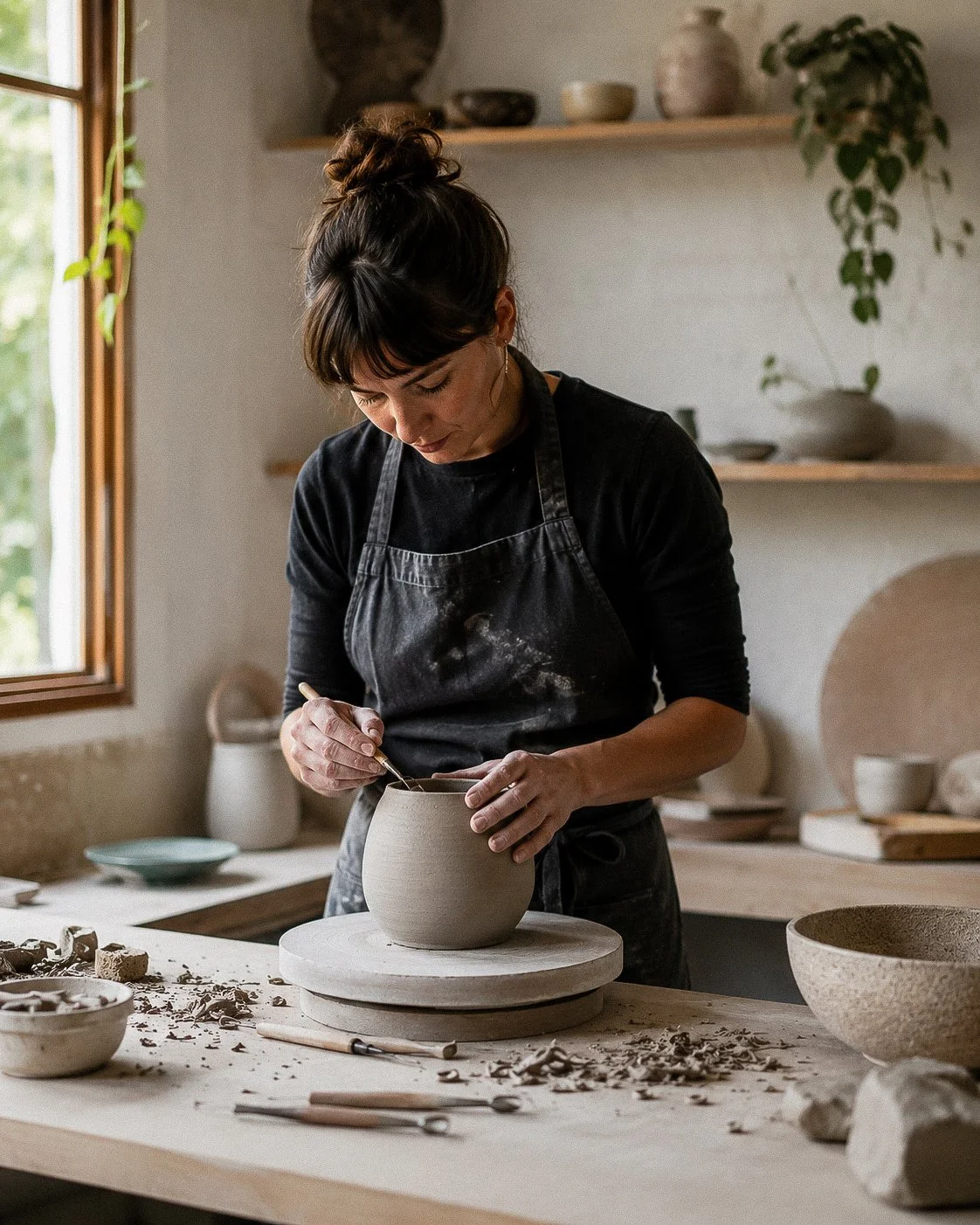  Woman working with materials at a table in a creative workspace 