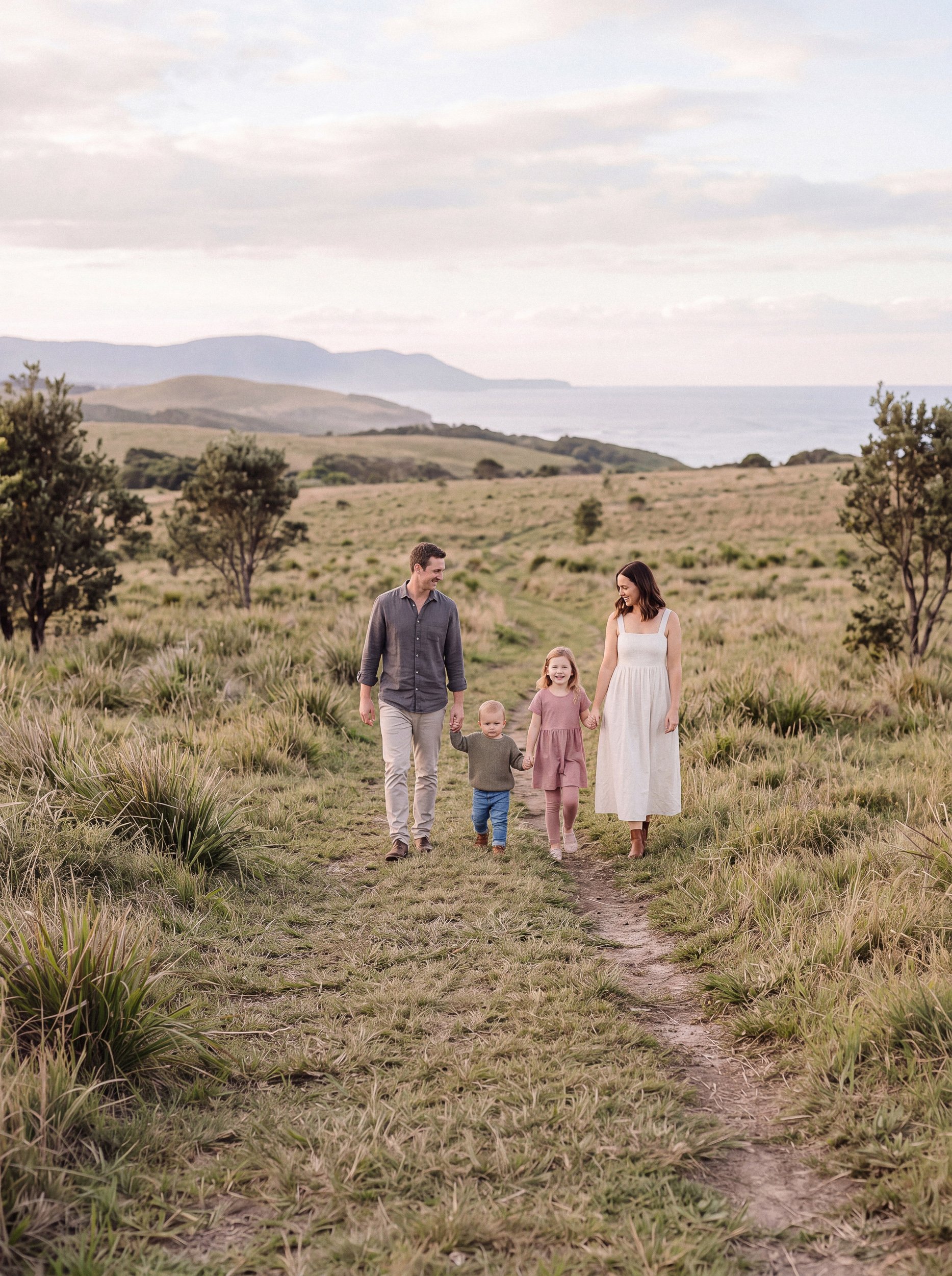 Family walking together through an open coastal landscape 