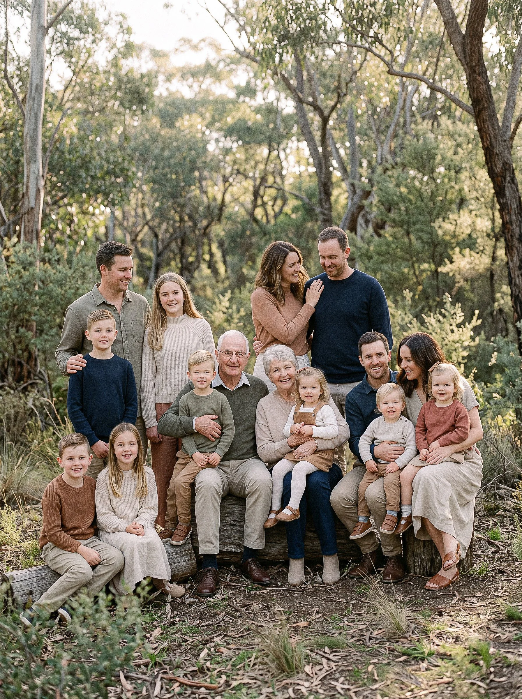  Extended family seated together in a bushland setting 