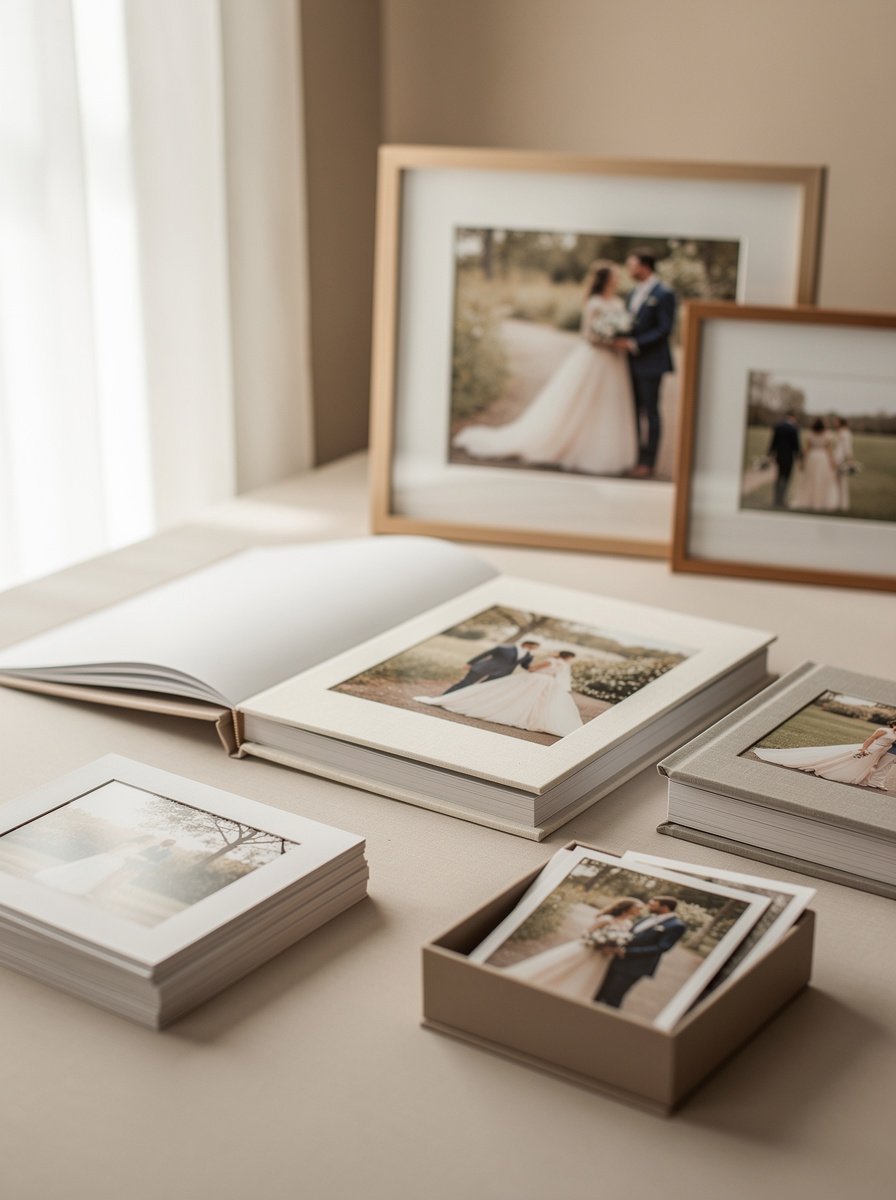 Wedding albums, framed photographs, prints and a presentation box displayed together.