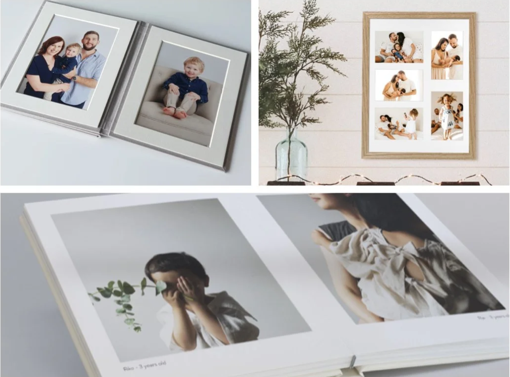 Examples of printed family photographs displayed in photo albums and framed wall art.