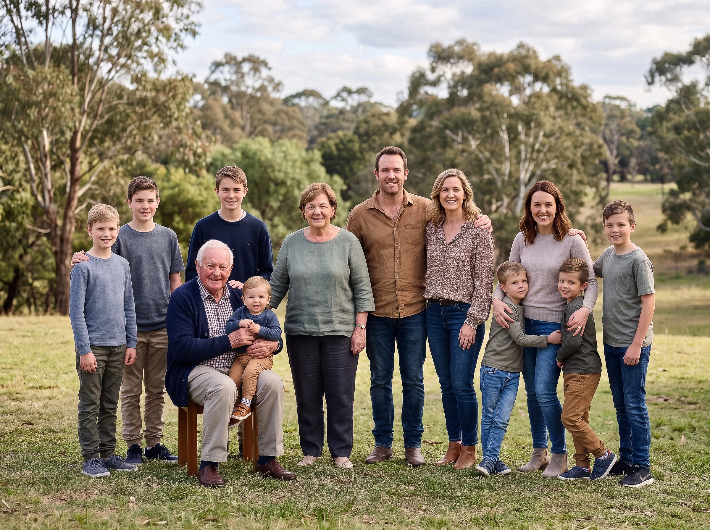 Extended family standing together in a park