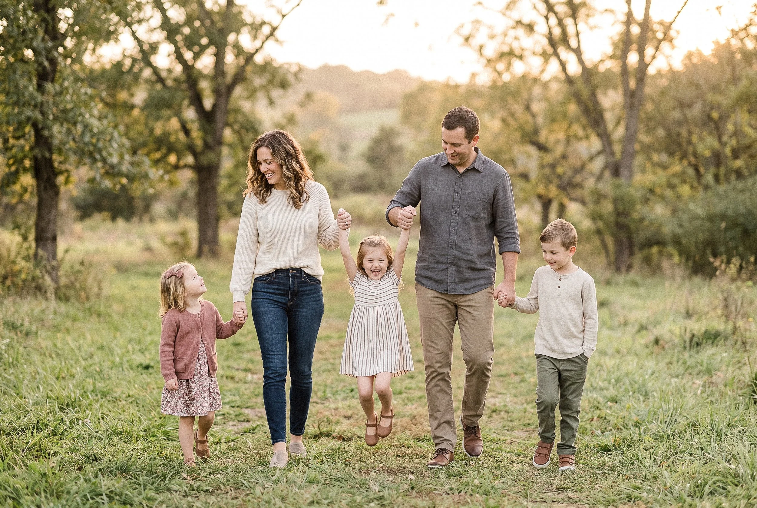 Parents walking through a field with their four young children