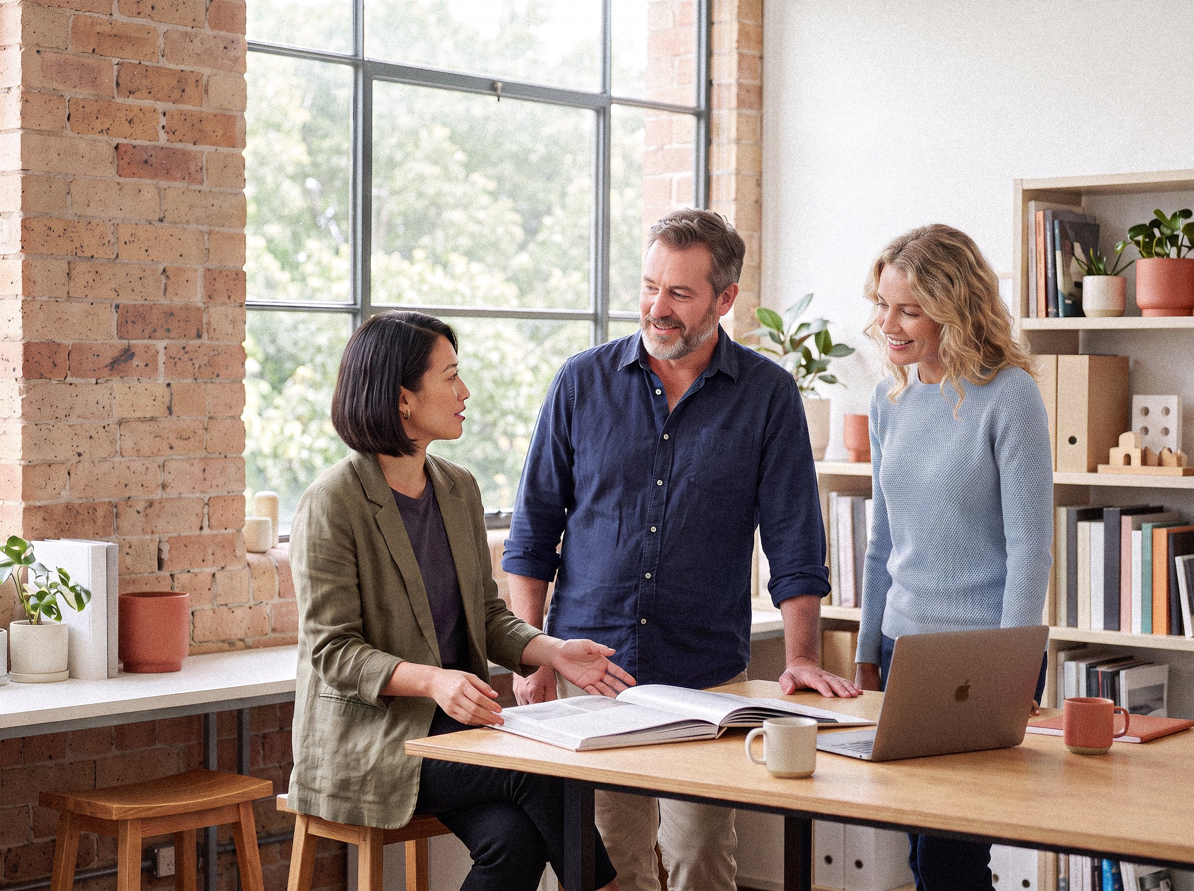 Three colleagues discussing work together around a table