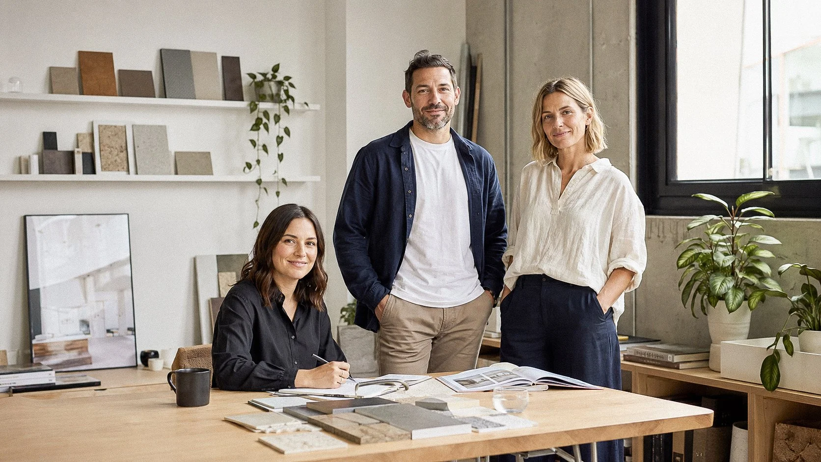 Three small-business colleagues standing together around a worktable