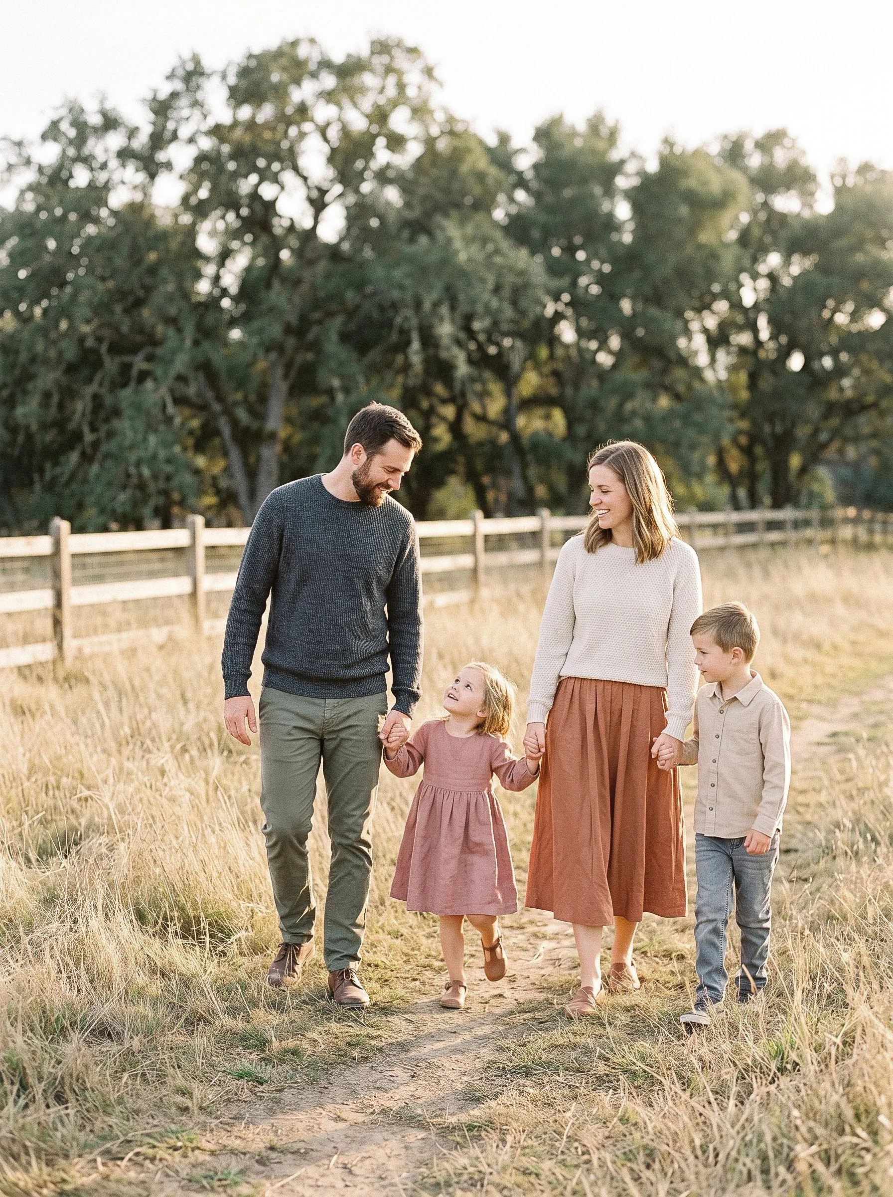 Family walking together through an open rural landscape