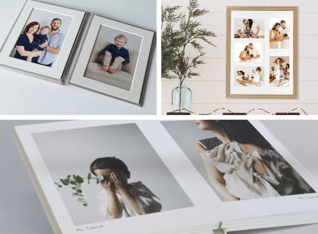 Examples of printed family photographs displayed in photo albums and framed wall art.