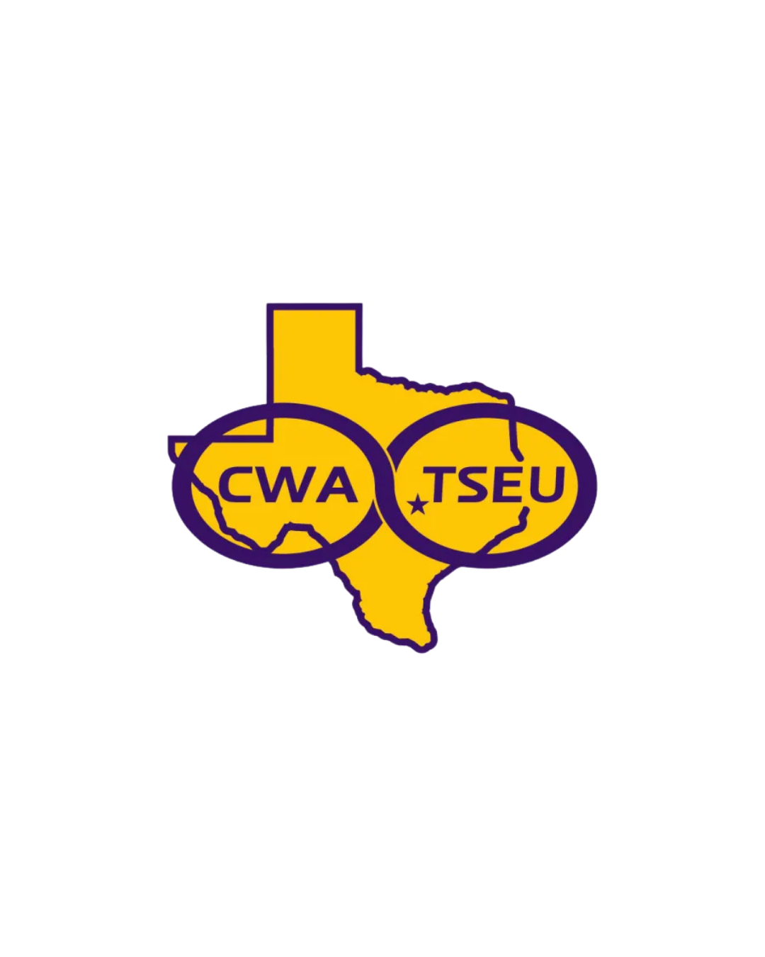A graphic of the state of Texas with two overlapping circles. Inside the circles, the text reads 'CWA' and 'TSEU,' representing unions, with a star in the middle of the circles.
