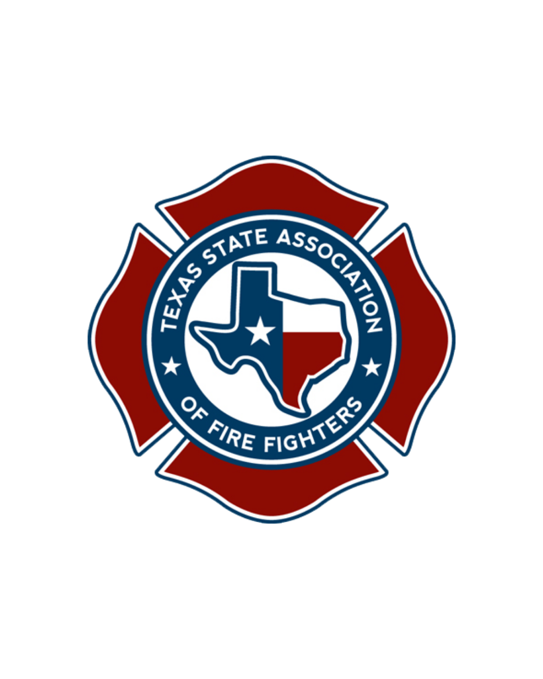 Emblem of the Texas State Association of Fire Fighters featuring a shield with the Texas map and flag colors, encircled by a blue ring with white text, all on a red firefighter's cross background.