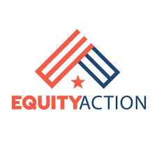 Logo with red and blue stripes forming an arrow, and the words 'EQUITY ACTION' beneath it.