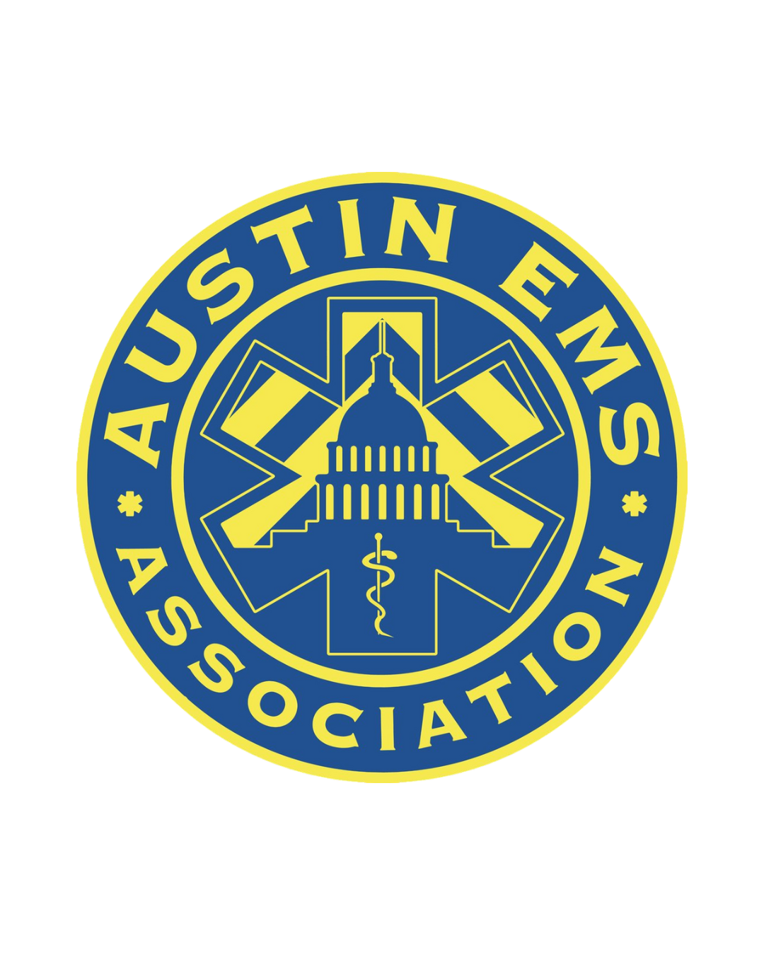 The logo of the Austin EMS Association, featuring a blue and yellow circular design with a depiction of the Capitol building, a medical caduceus, and the words 'Austin EMS Association'.