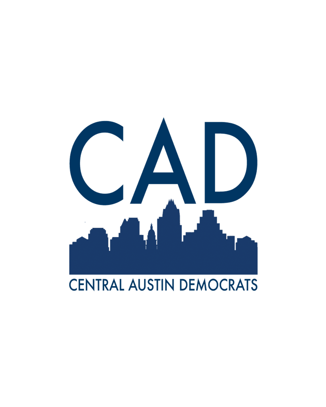 Logo of C.A.D. Central Austin Democrats with a city skyline and the text 'Central Austin D-MOCRATS'.