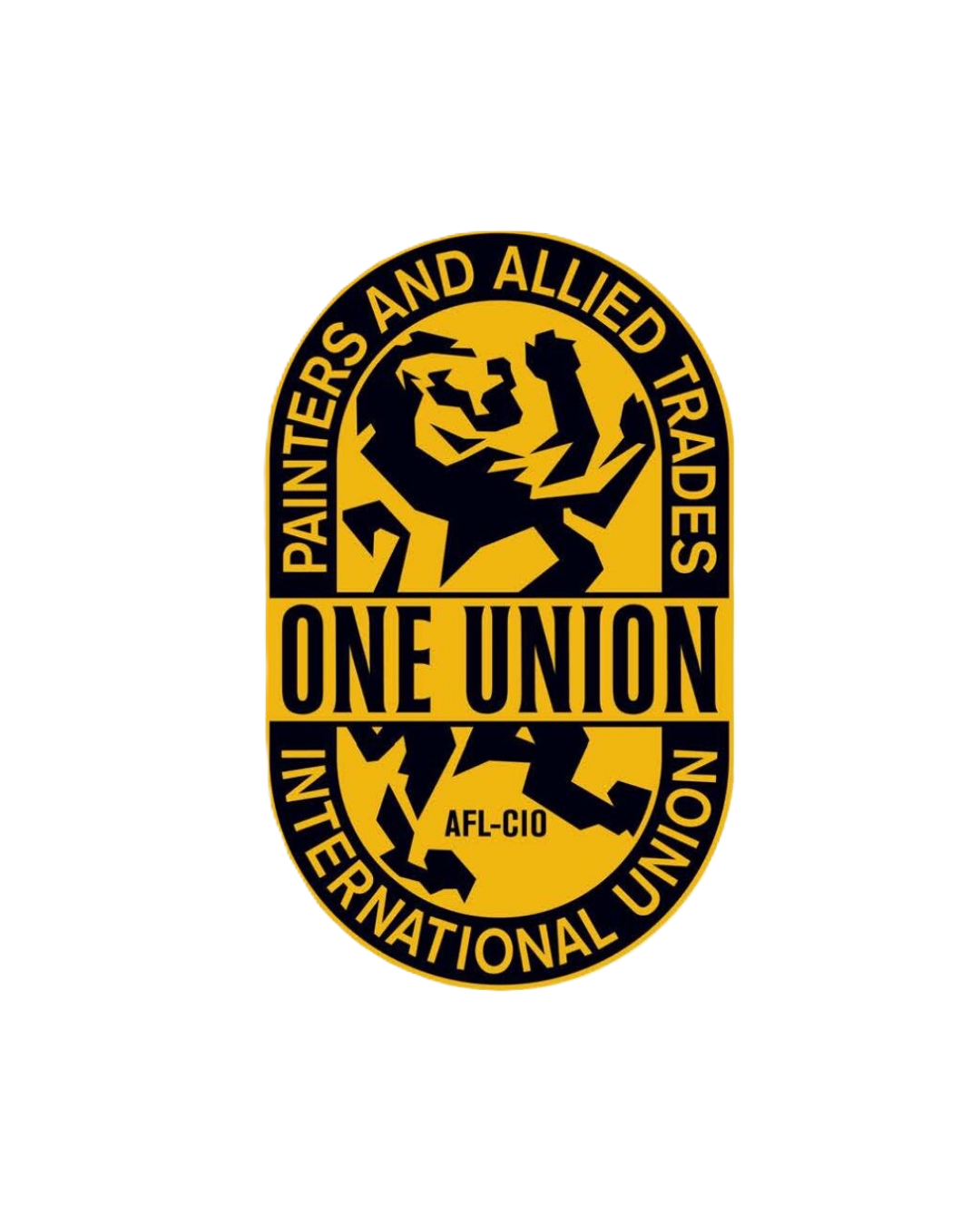 Patch with yellow and black colors featuring a raised fist and the words 'Painters and Allied Trades,' 'One Union,' and 'International Union'.