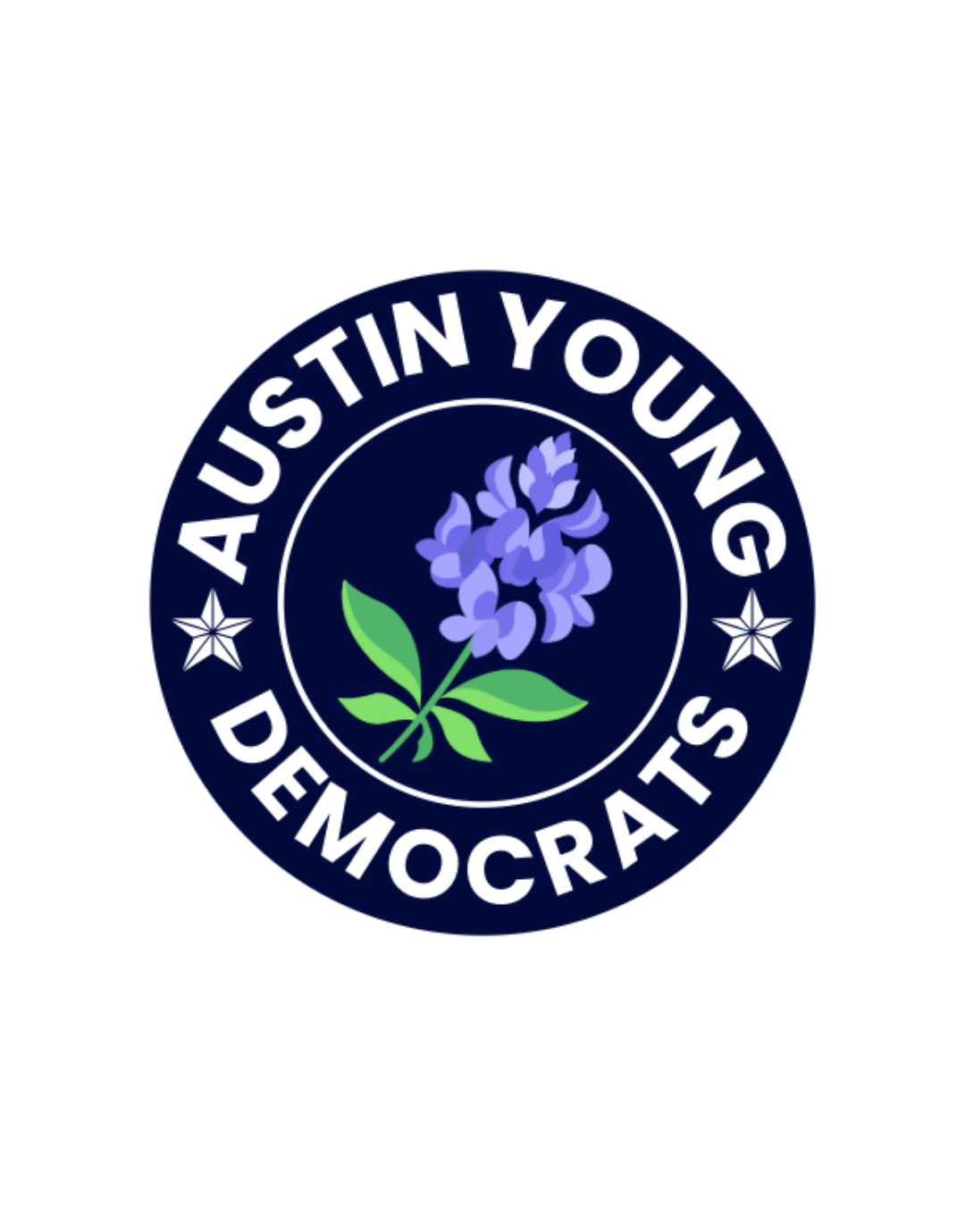 A political or campaign button with a blue flower and green leaves in the center, surrounded by a navy blue circle with white text that reads 'AUSTIN YOUNG DEMOCRATS' and two white stars.