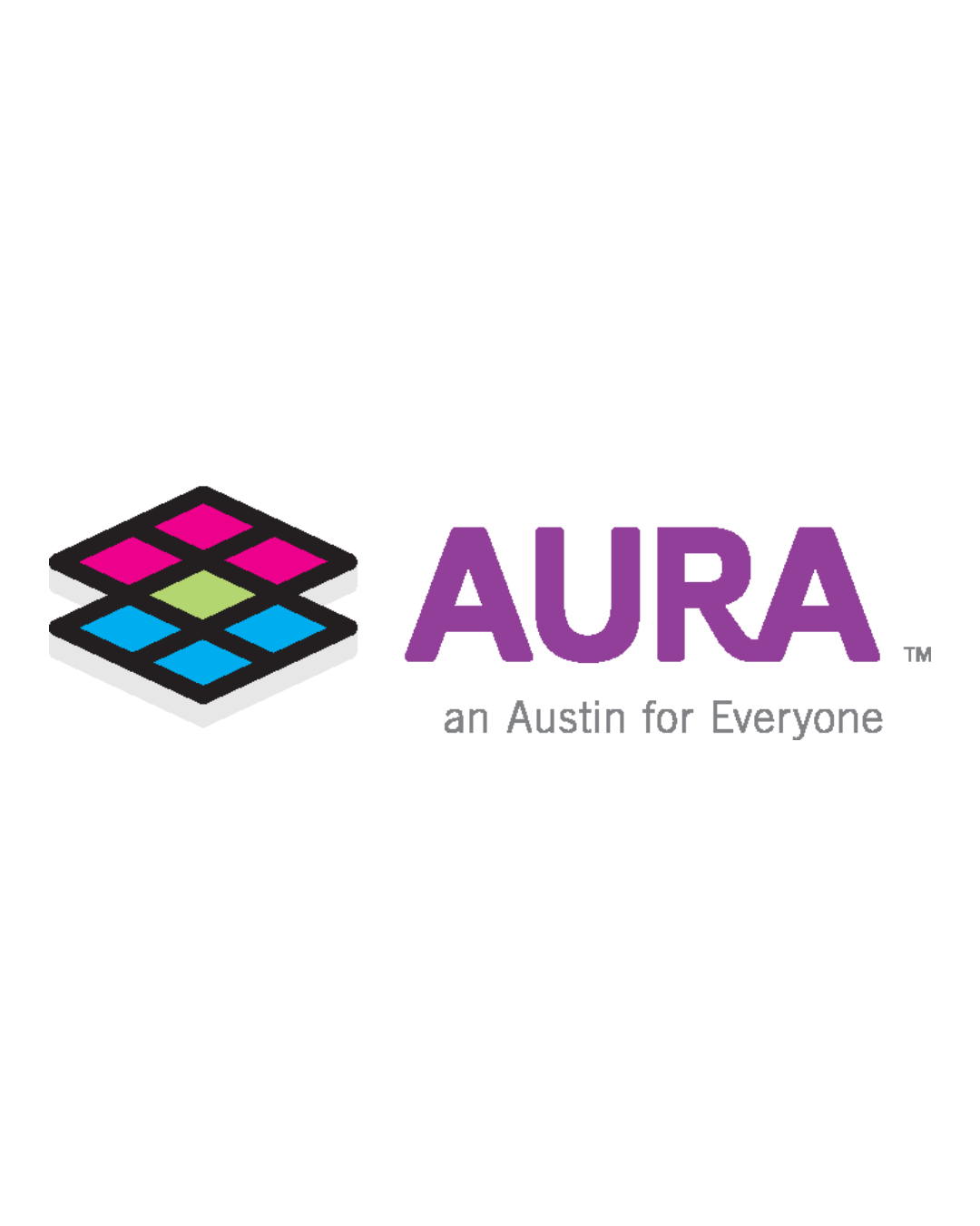Logo for AURA, an Austin for Everyone, featuring a colorful, stylized, three-layer grid icon and purple text 'AURA' with smaller text 'an Austin for Everyone' underneath.