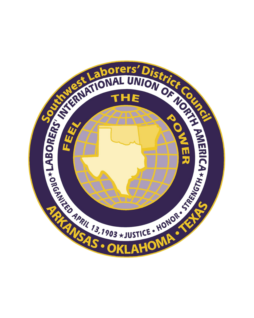 Emblem of the Southwest Laborers' District Council featuring Texas map and globe with yellow and purple colors, and text indicating Arkansas, Oklahoma, and Texas.