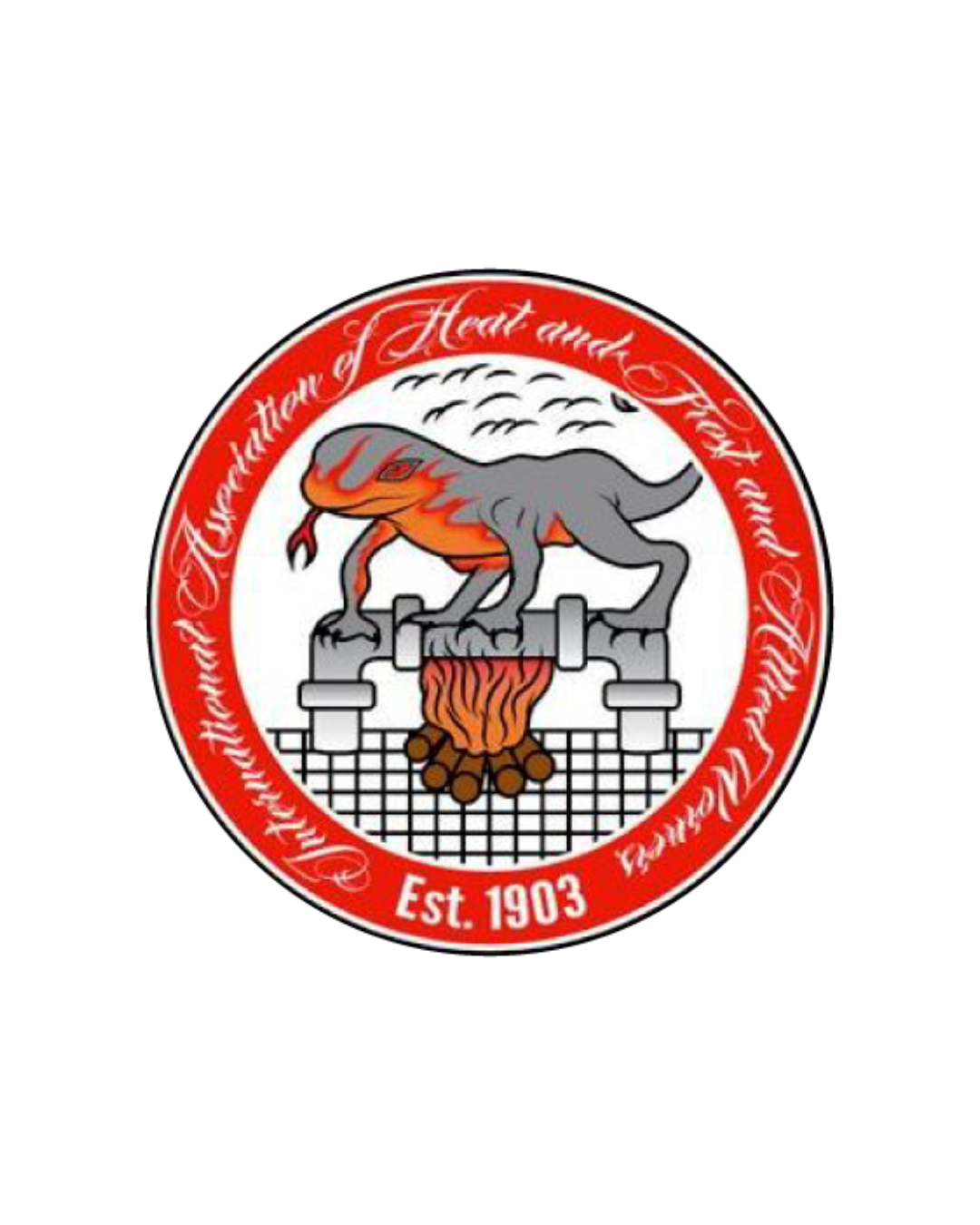 A circular emblem with a red border containing the text 'Unfinished Heart of Heart and Fire' and 'Est. 1903'. Inside the circle, there is a stylized gray and orange creature, similar to a wolf or dog, standing on a fire pit with logs, with black bird