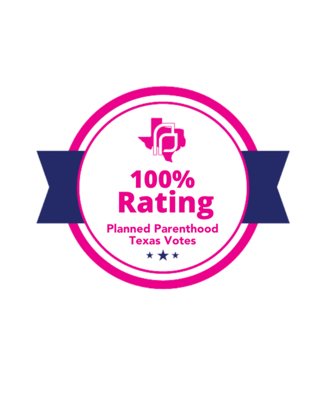 Pink and blue badge with a shopping cart icon, displaying 100% rating for planned Parenthood, Texas Voter, and other organizations.