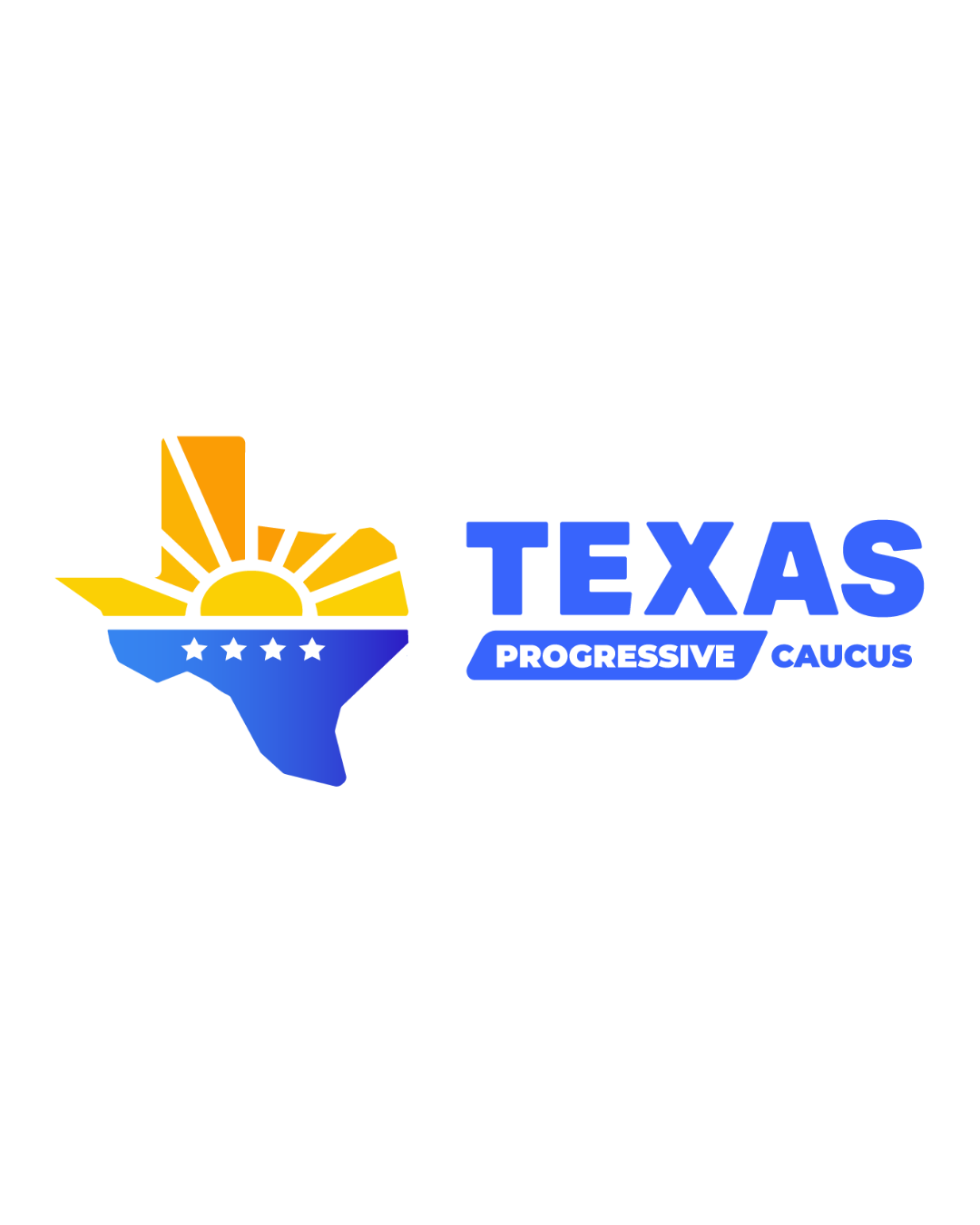 Progressive Texas political campaign logo with a star, a sunrise, and the words 'Texas Progressive' in blue and orange colors.