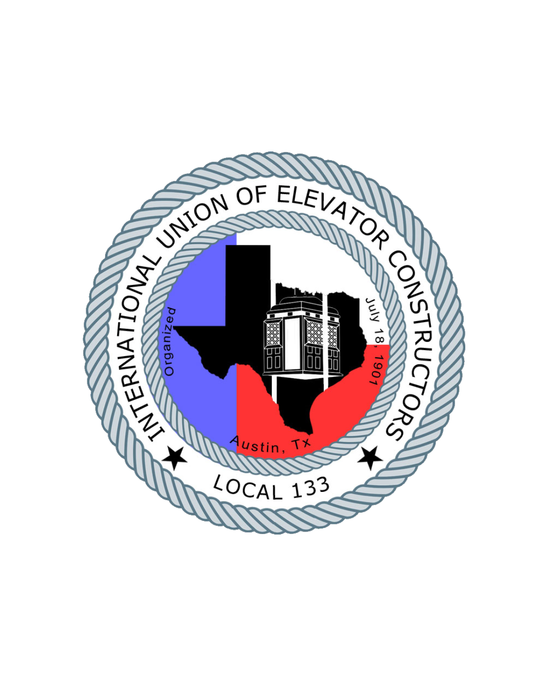 Emblem of the International Union of Elevator Constructors Local 133 featuring a star, Texas state map, an elevator shaft, and the date July 18, 1907.