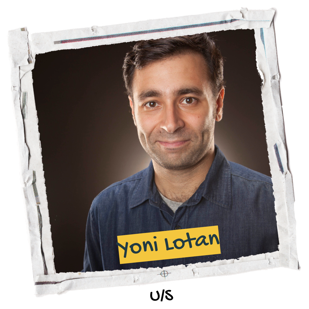 Headshot of a man with short dark hair, wearing a denim shirt, and smiling subtly. The photo is framed with torn paper edges, and a yellow sticky note with the name 'Yoni Lotan' is attached at the bottom.