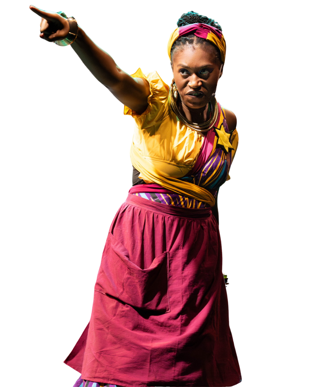 Woman with dark skin and braided hair pointing outward, dressed in vibrant traditional African attire with yellow and pink headwrap, yellow blouse, and red skirt, looking intense and focused.