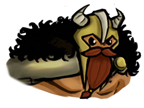 Cartoon Viking with a horned helmet, blonde hair, mustache, and beard, wearing armor.