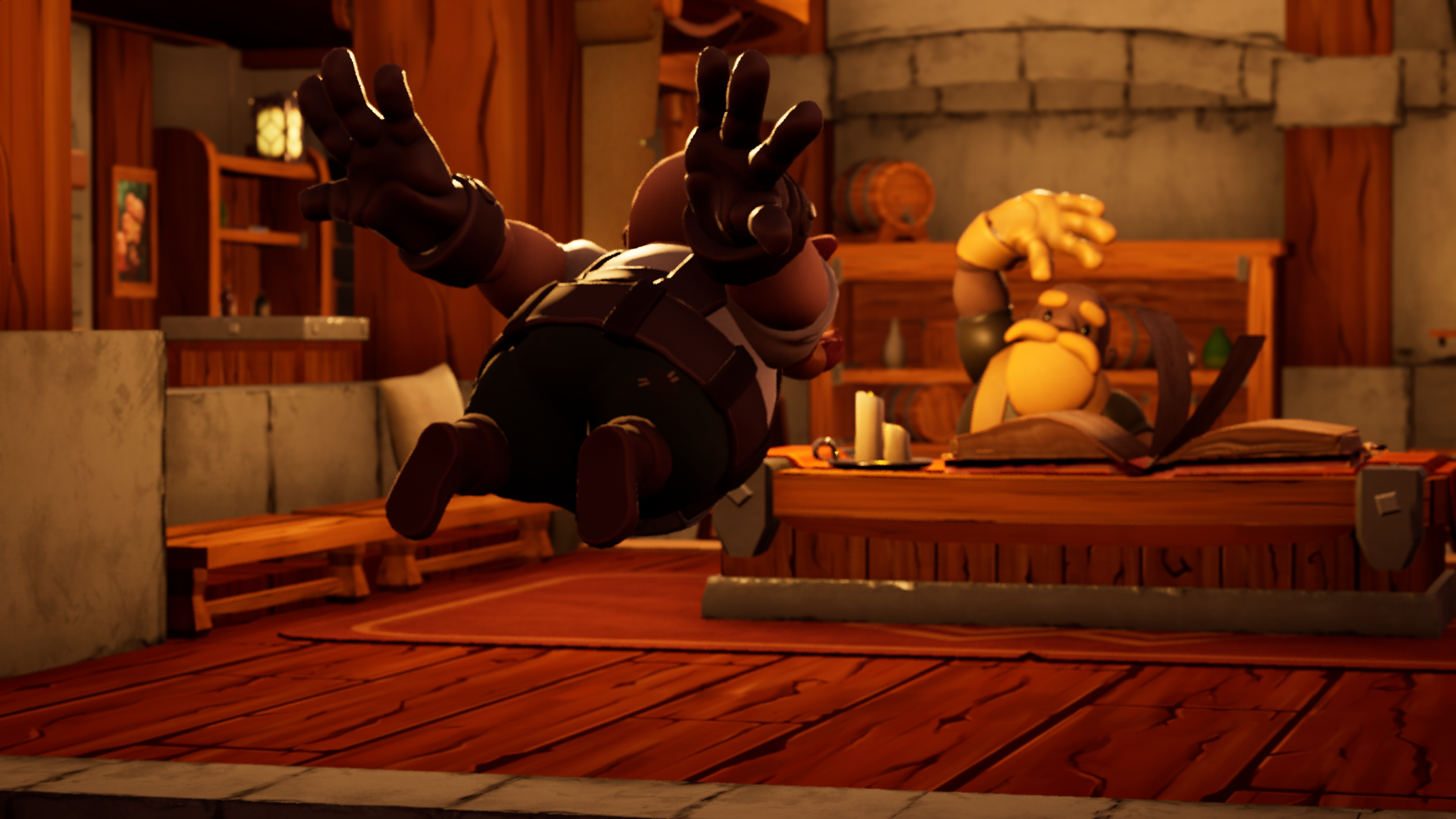 A cartoon dwarf character is falling through the air towards a wooden table inside a cozy, rustic wooden room. The dwarf has a long beard and is reaching out with both hands.
