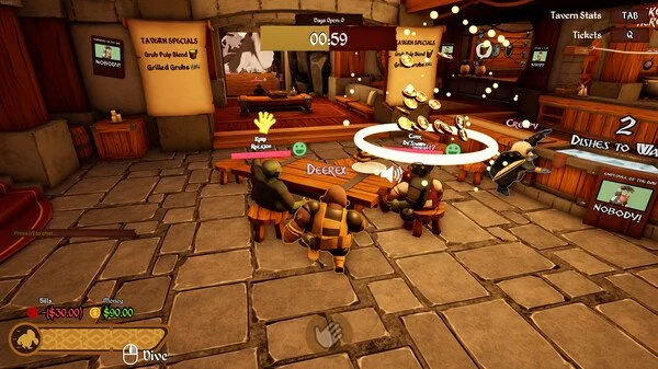 Screenshot of a lively multiplayer video game set in a tavern, with four characters sitting at a table, a countdown timer at 59 seconds, and various game interface elements including health bars, in-game currency, and options for actions.